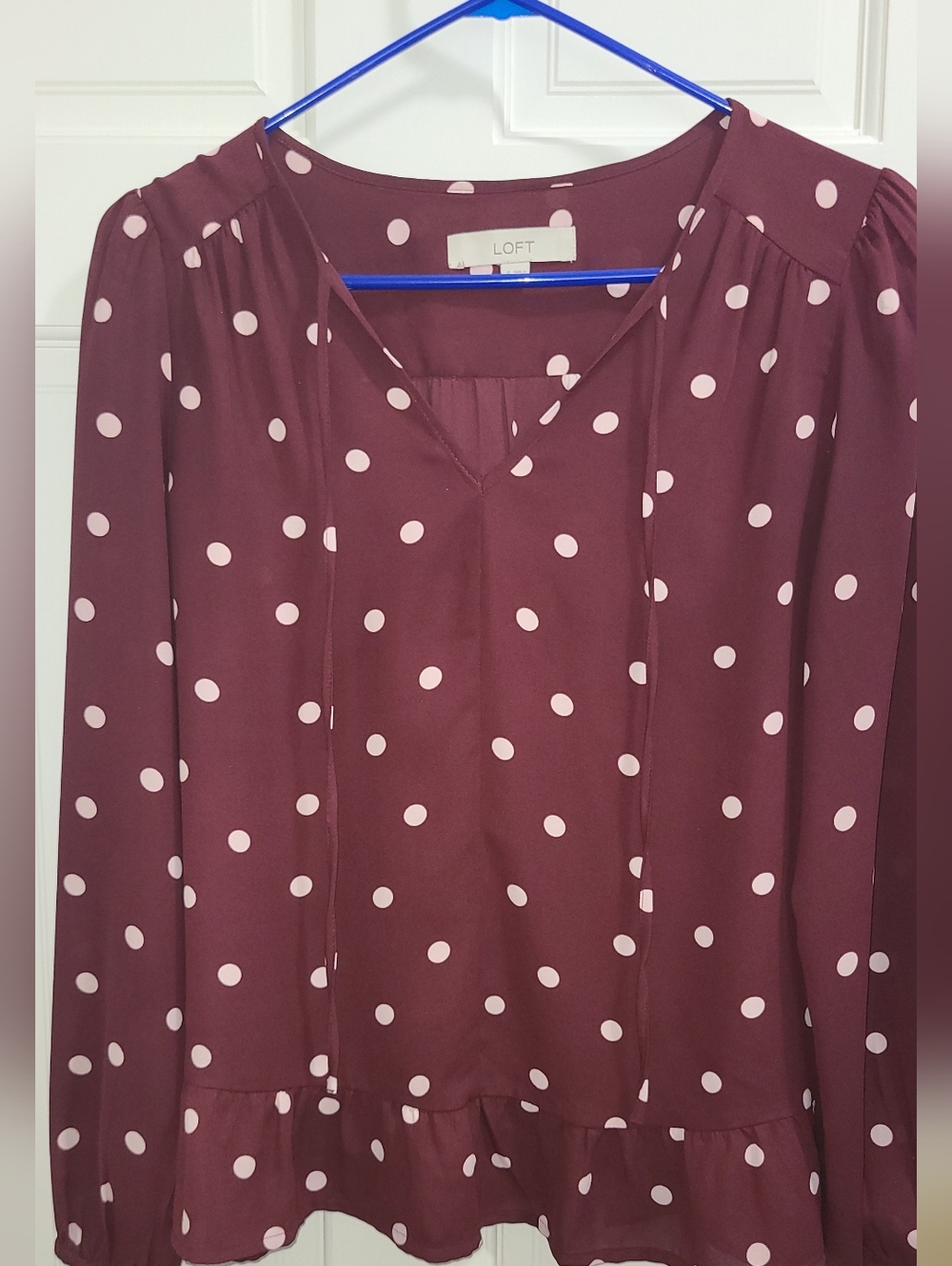 LOFT Burgundy Polka Dot V-Neck Ruffle-Hem Blouse